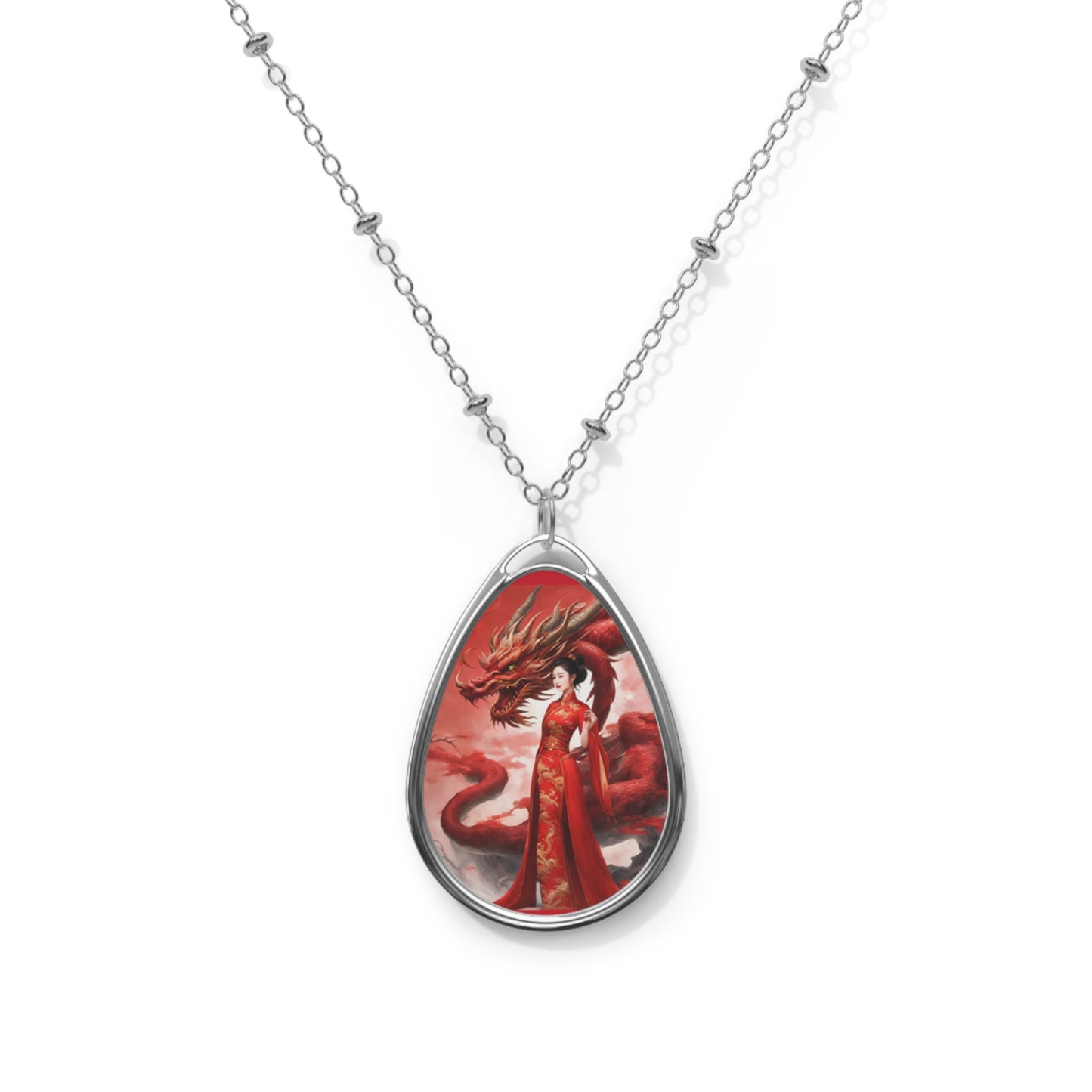 Red Tara & Her Dragon - Oval Necklace